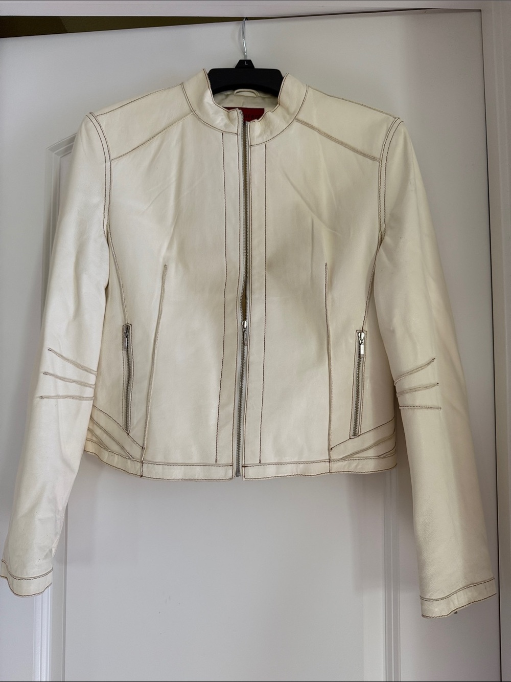 Womens Ivory Leather Zip-Front Jacket